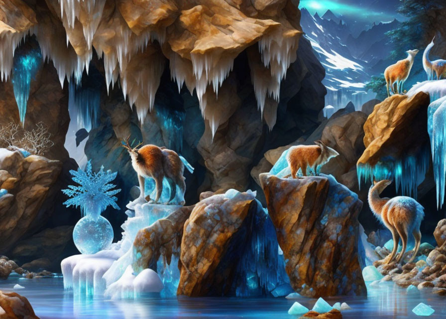 Majestic creatures on icy crystal landscape with glowing snowflake.