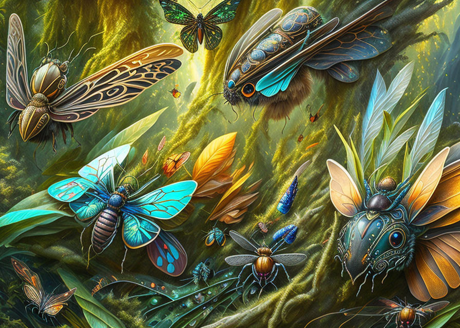 Colorful mechanical insects in lush greenery with intricate designs