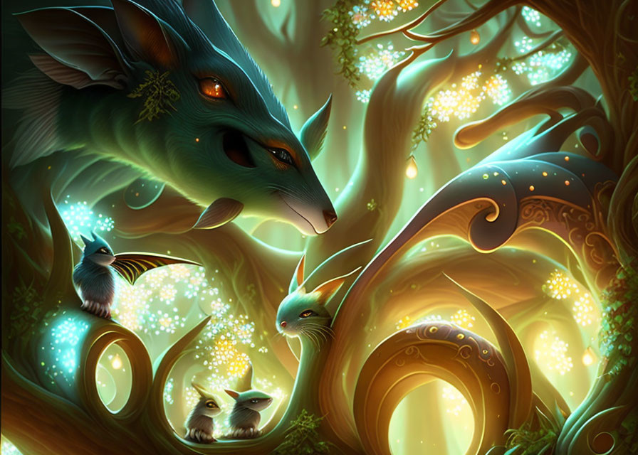 Fantasy forest scene with luminescent trees and mystical creatures