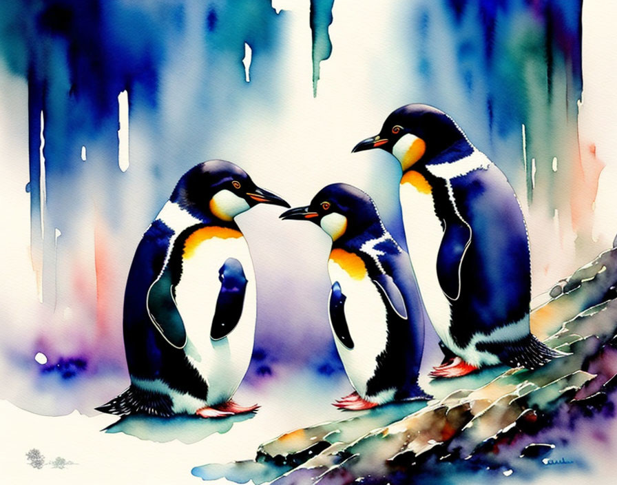 Three penguins in watercolor on icy terrain with colorful drips.