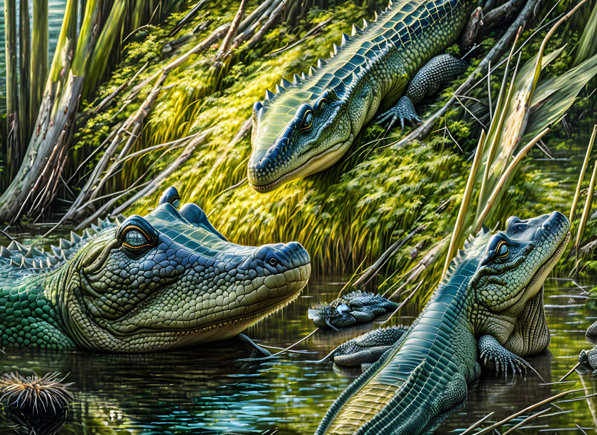 Three alligators resting by water in lush greenery, one facing camera.