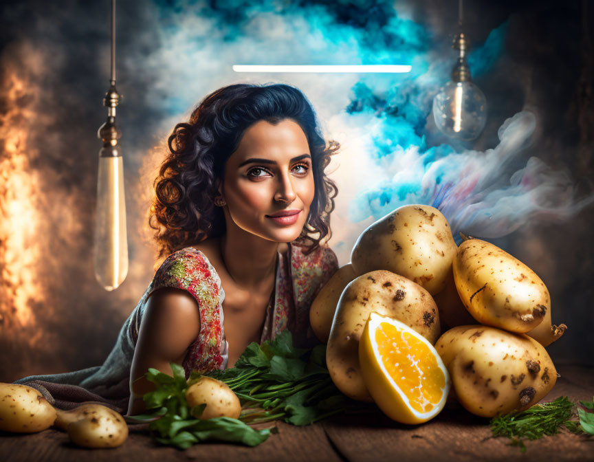 Curly-Haired Woman Smiling with Large Potatoes and Glowing Orange Slice