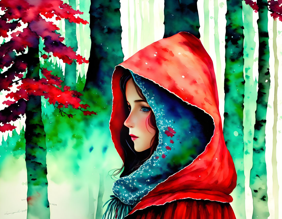 Colorful Watercolor Illustration of Young Woman in Red Hooded Cloak in Whimsical Forest