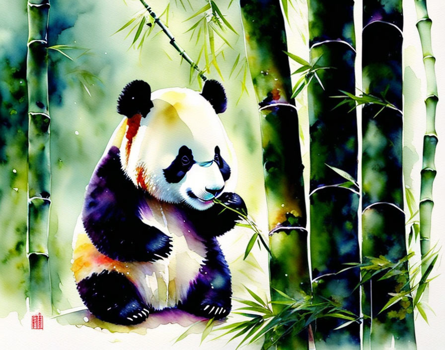 Vibrant Watercolor Painting: Panda Among Bamboo with Leaf