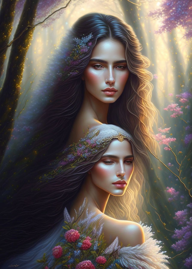 Ethereal women with floral hair in enchanted forest landscape