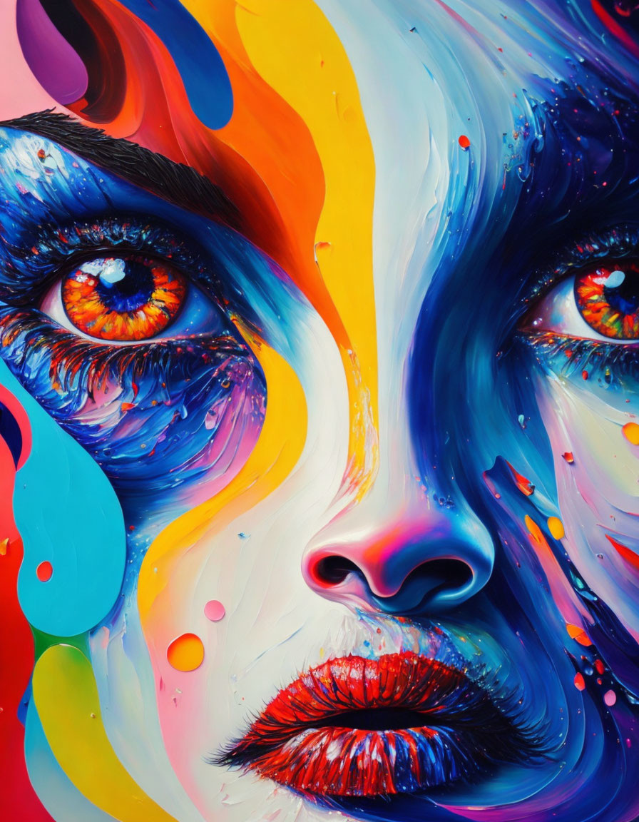 Colorful Painting of Woman's Face in Vibrant Blue and Orange Tones