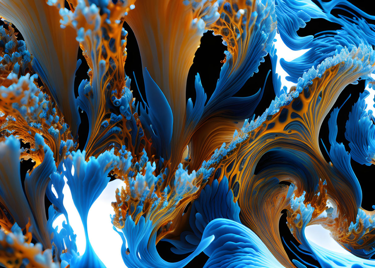 Blue and Orange Abstract Fractal Waves with Swirling Patterns