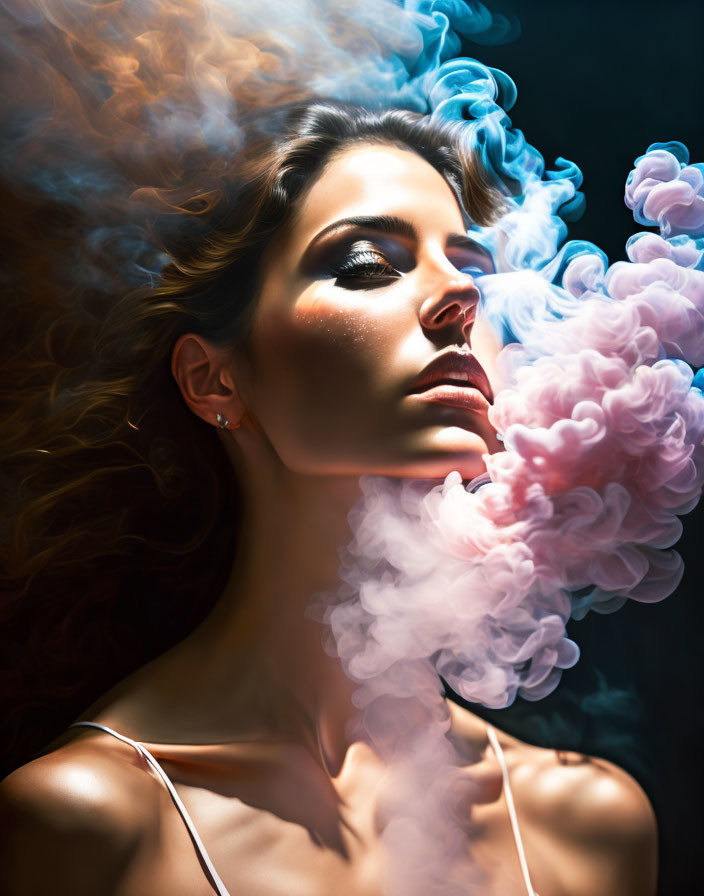Woman with dramatic makeup and flowing hair in swirling blue and pink smoke