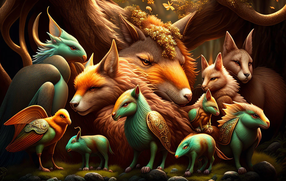 Vivid mythical fox-like creatures in mystical forest ambiance