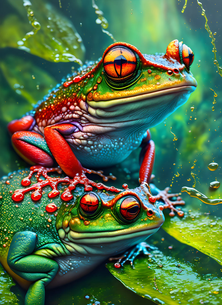 Colorful digital artwork: Two frogs on leaf with water droplets, textured skin, reflective eyes