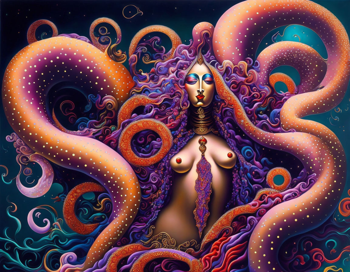 Colorful cosmic artwork of ethereal figure with tentacles in starry backdrop