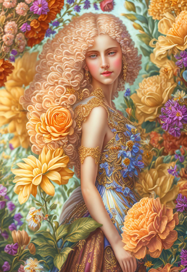 Vibrant painting of woman with curly hair and colorful flowers in golden dress