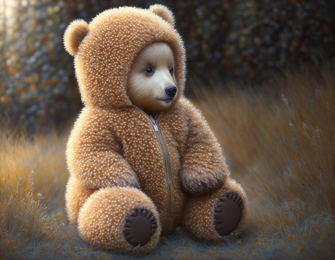 Child in Fluffy Bear Costume Sitting in Field with Whimsical Background