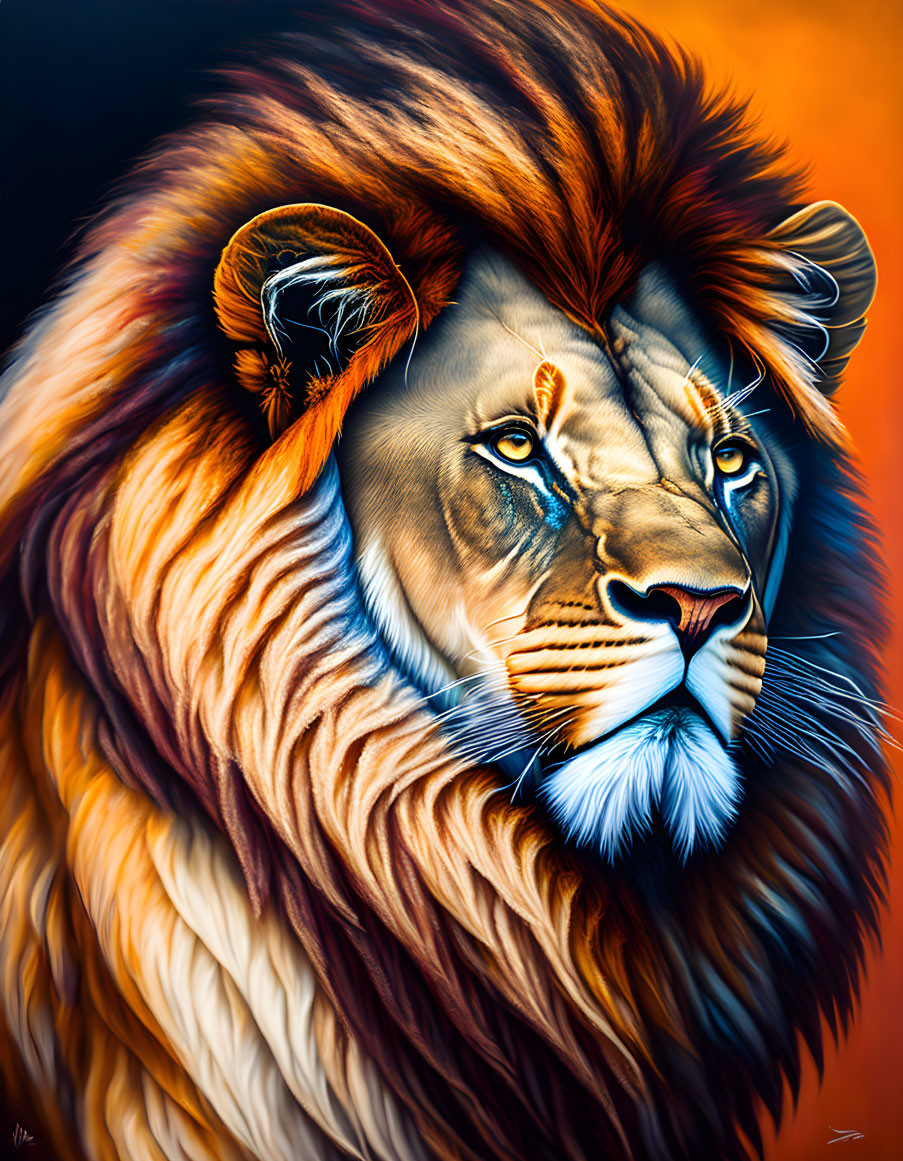 Colorful Lion Head Artwork with Realistic and Abstract Elements