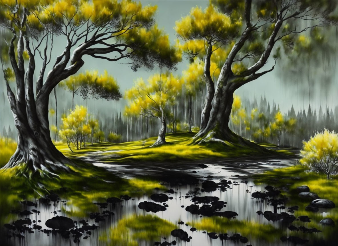 Tranquil landscape painting with green and yellow trees by reflective water