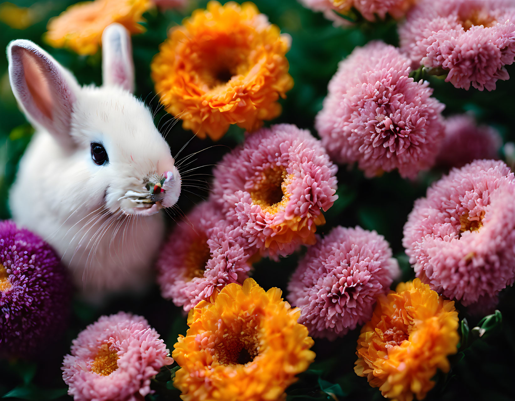 White Rabbit Among Colorful Chrysanthemum Flowers