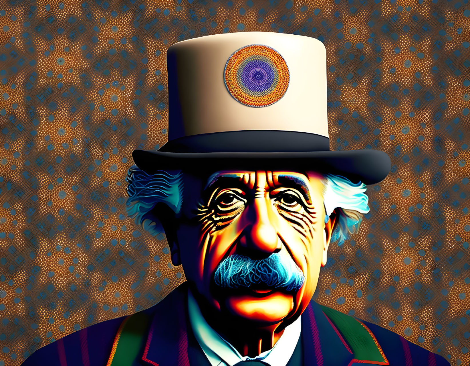 Colorful Stylized Portrait of Figure in Top Hat with Circular Design