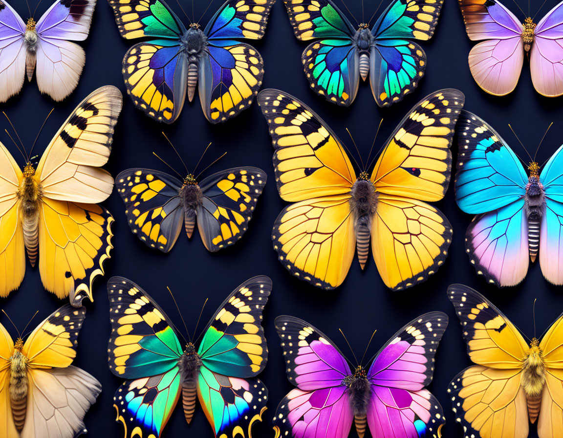 Colorful Butterflies Displayed Against Dark Background