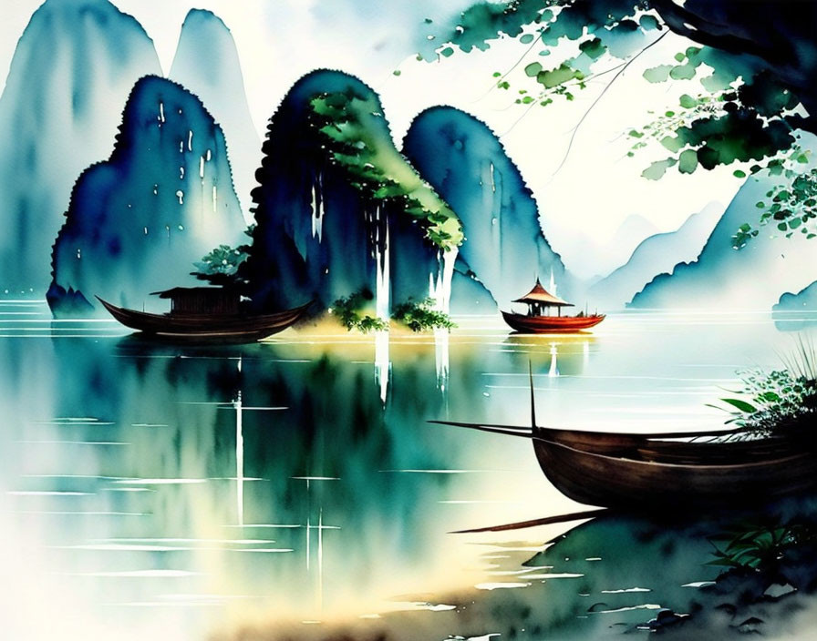 Tranquil lake with boats, weeping willow trees, and misty mountains
