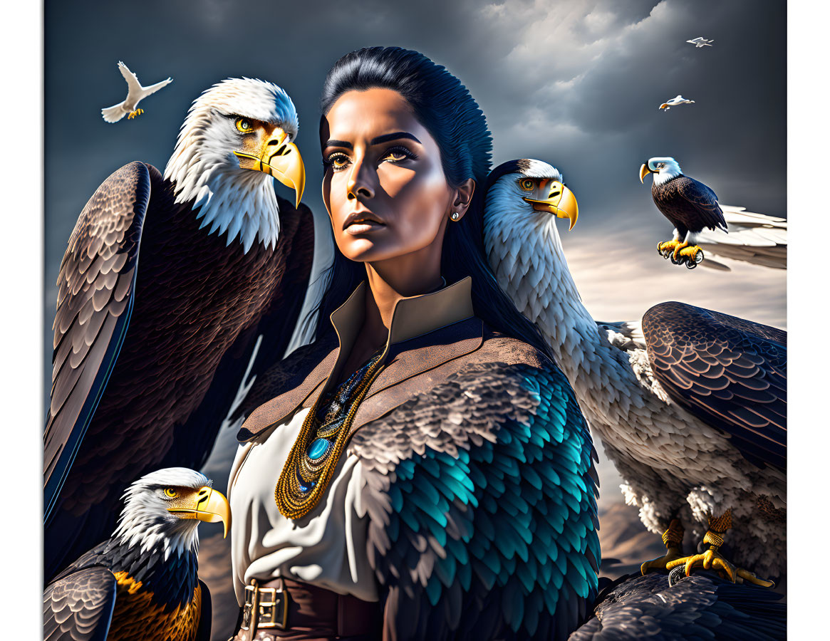 Serious Woman with Bald Eagles in Majestic Setting