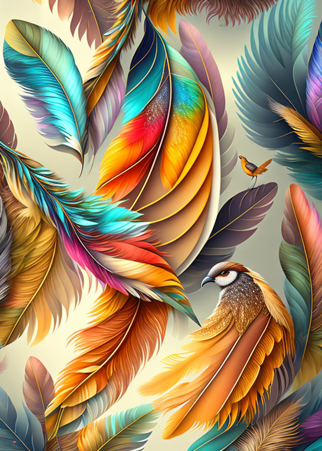 Colorful Feather Artwork Featuring Detailed Bird in Vibrant Digital Design