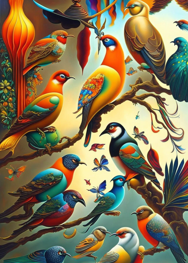 Colorful Birds and Butterflies in Vibrant Painting with Fiery Backdrop