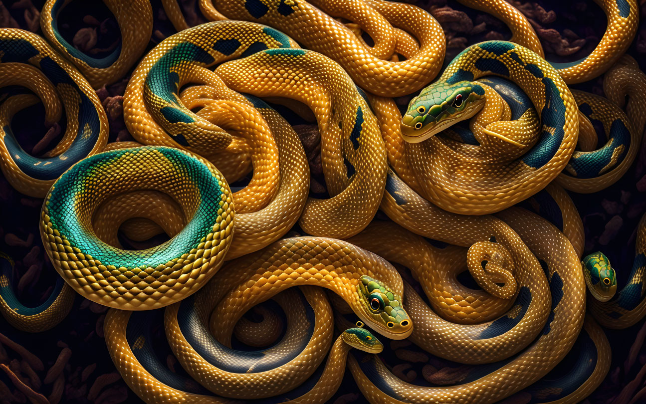 Detailed Vibrant Yellow and Green Snakes Intertwined on Dark Surface