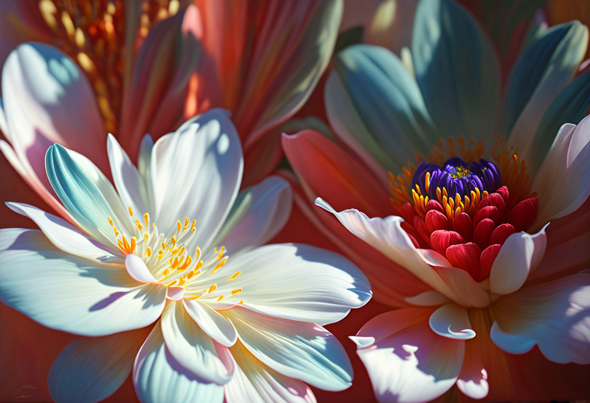 Detailed digital artwork: two blooming flowers, warm colors