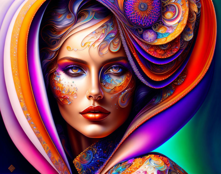 Colorful digital portrait of woman with intricate face paint and ornate head wrap