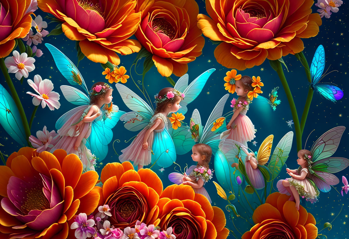 Colorful digital art of whimsical fairies in a floral fantasy setting