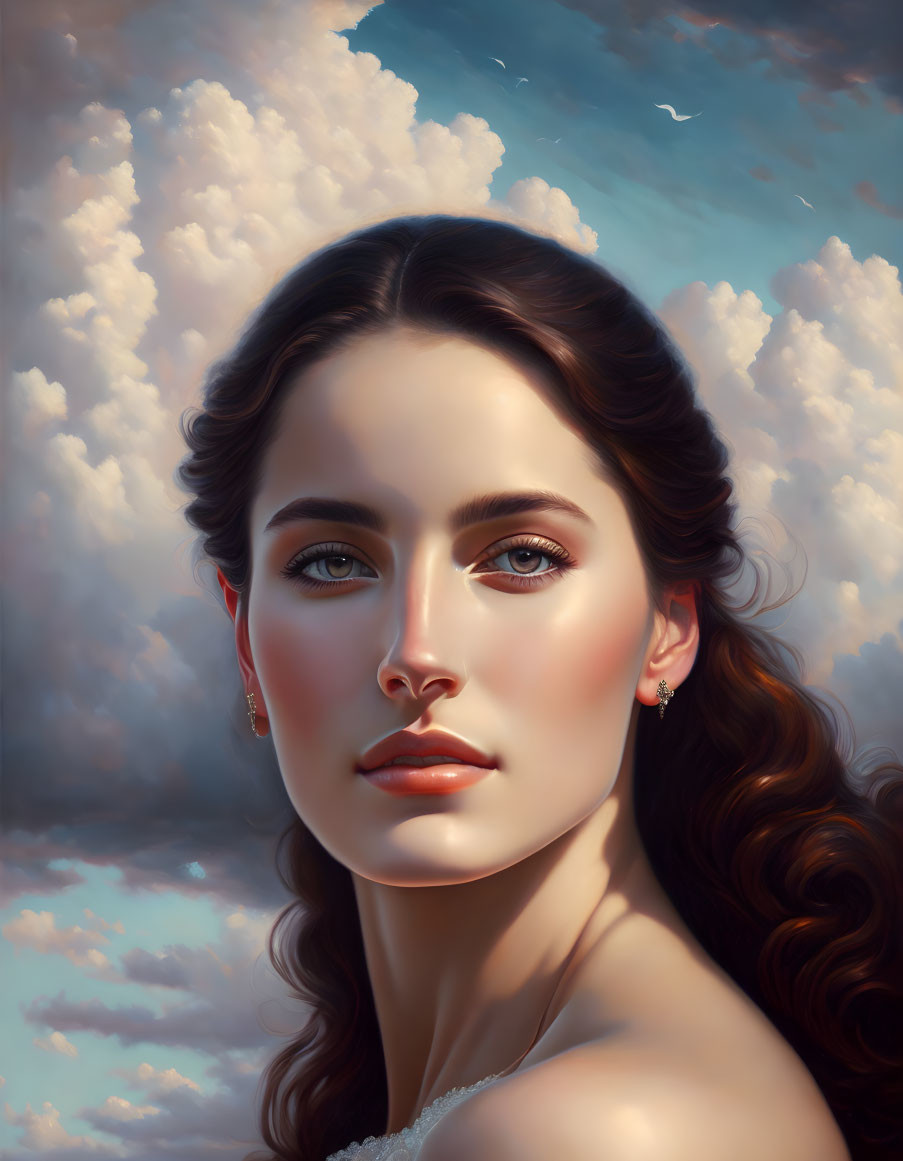 Portrait of woman with dark hair, fair skin, clouds, and seagulls in serene setting