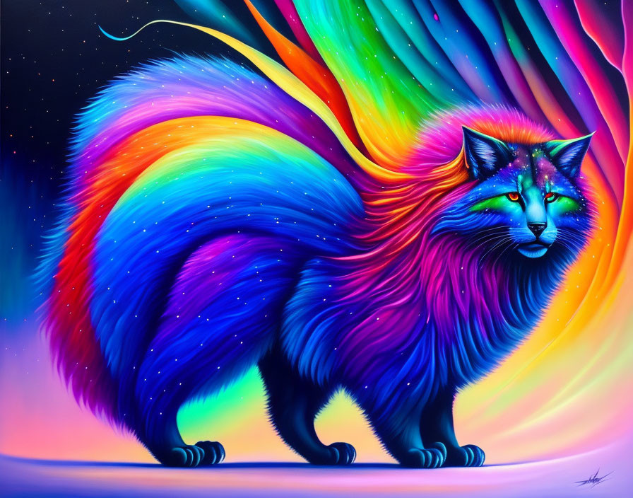 Colorful Cat with Rainbow Mane on Starry Night Sky