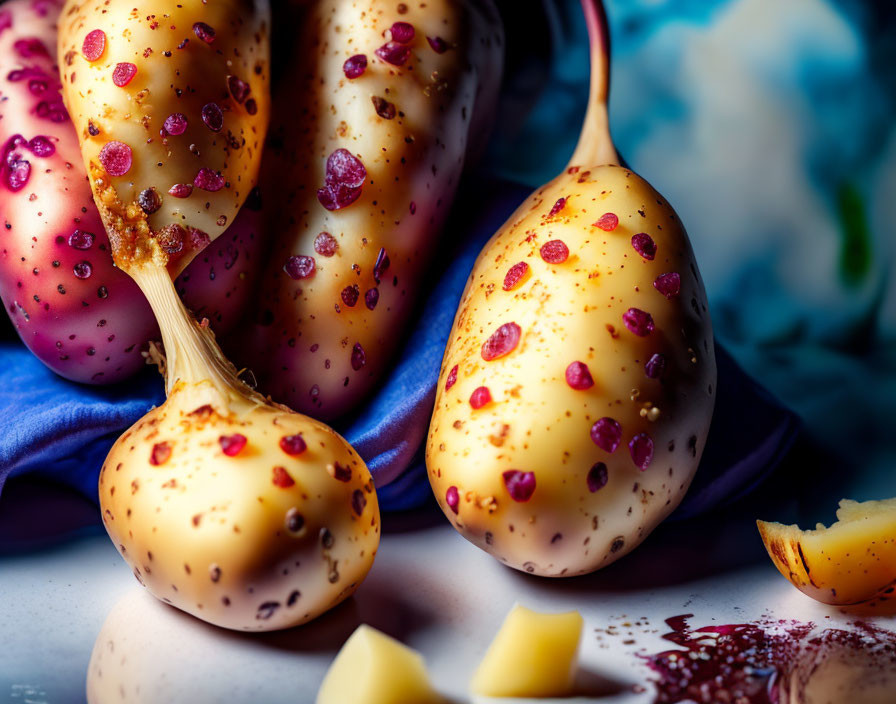 Colorful Fresh Potatoes with Red Spots on Blue Cloth and Garlic Bulb