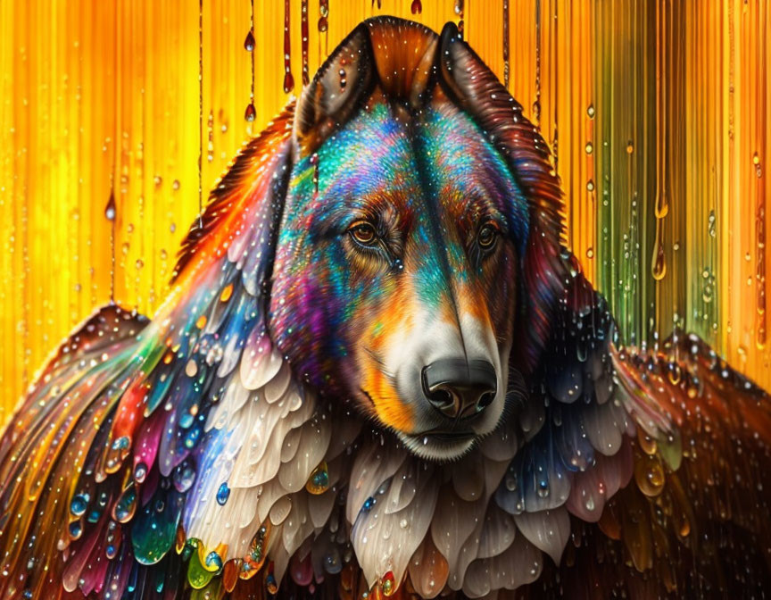 Colorful Bear with Feather-Like Texture on Orange-Striped Background