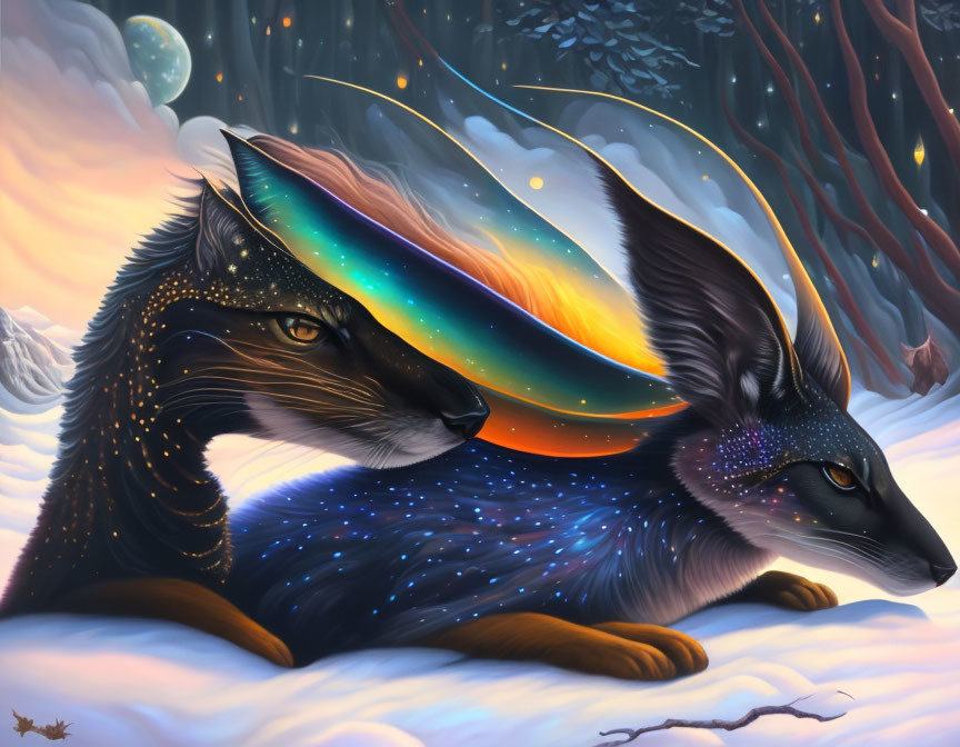 Cosmic-themed fox and fennec fox merge in starry twilight forest