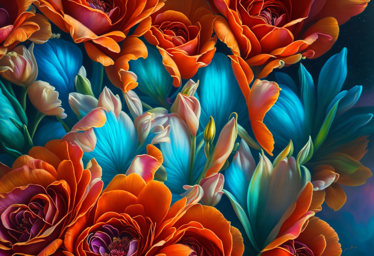 Lush Orange and White Flowers in Dream-like Digital Painting