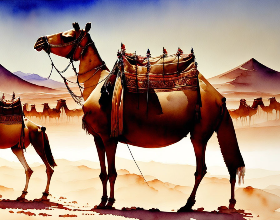 Camel painting in desert landscape with ornate tack and silhouettes