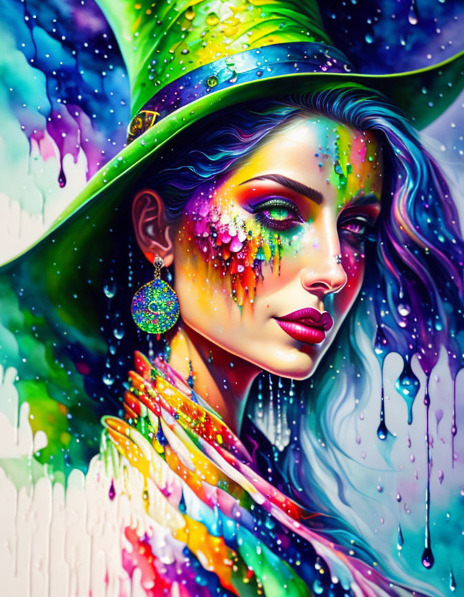 Colorful Woman Illustration with Melting Paint Motif and Cosmic Rainbow Theme