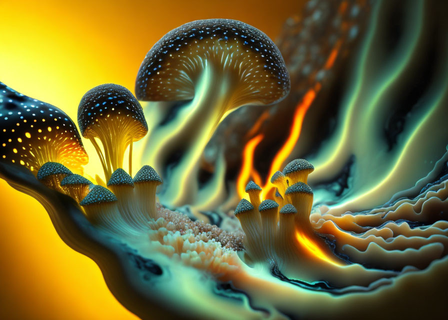 Vibrant Bioluminescent Mushrooms on Abstract Fiery Background