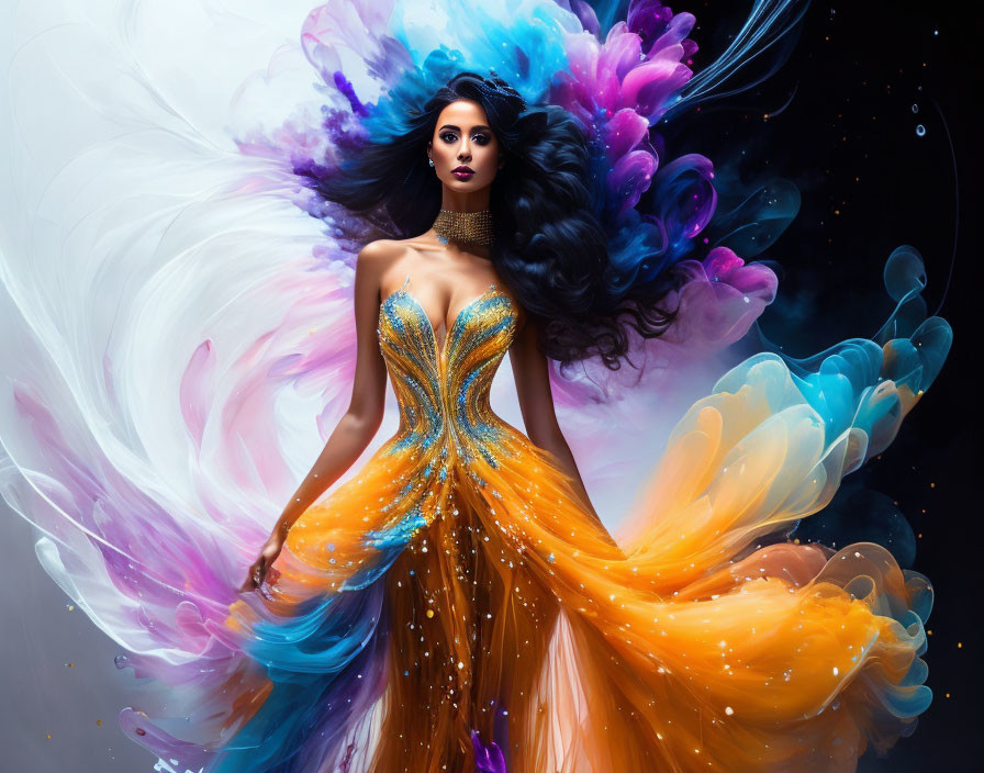 Colorful flowing dress and dark hair woman in vibrant image.