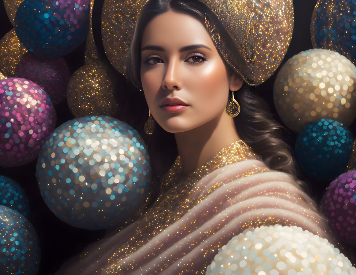 Glamorous woman with striking makeup and shiny earrings in colorful, glittery orbs.