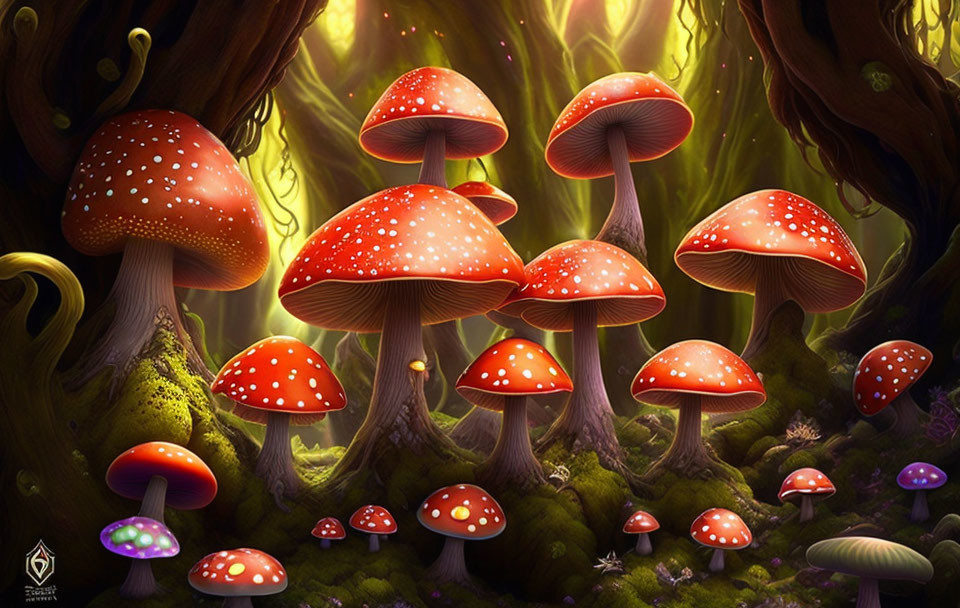 Colorful Whimsical Mushroom Forest with Glowing Trees