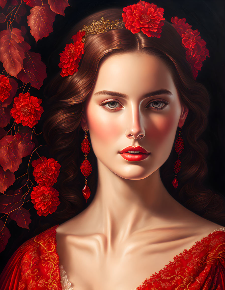 Portrait of Woman with Red Flowers, Earrings, and Dress on Dark Floral Background