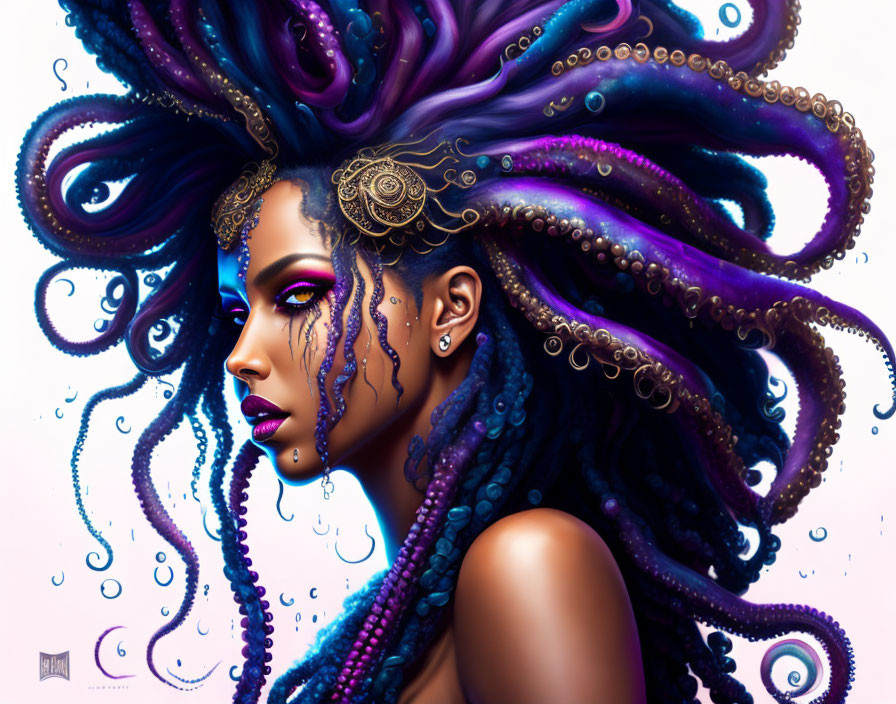 Digital Artwork: Woman with Octopus-like Tentacle Hair & Ornate Gold Accessories