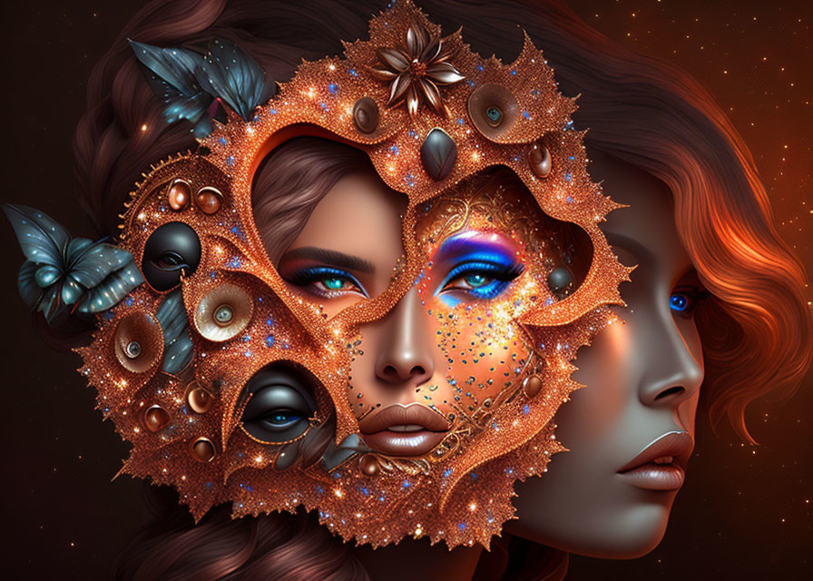Digital artwork of a woman with vibrant makeup and a steampunk-inspired ornate mask