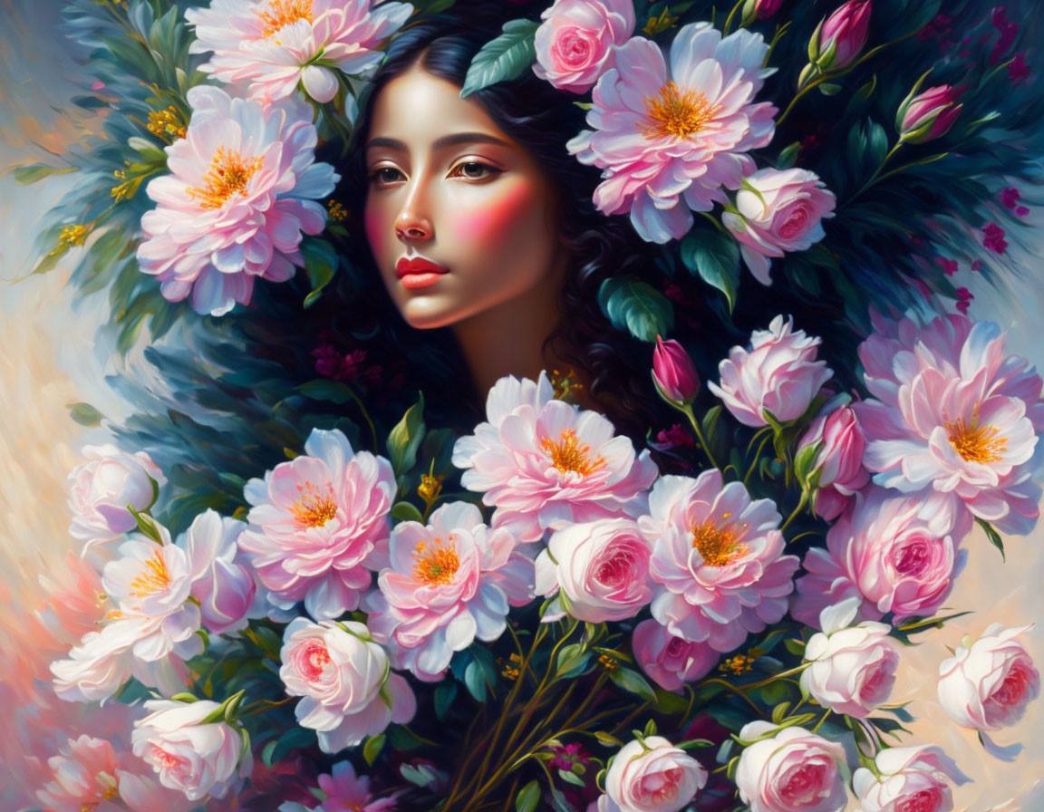 Dark-Haired Woman Surrounded by Pink and White Flowers in Soft Focus