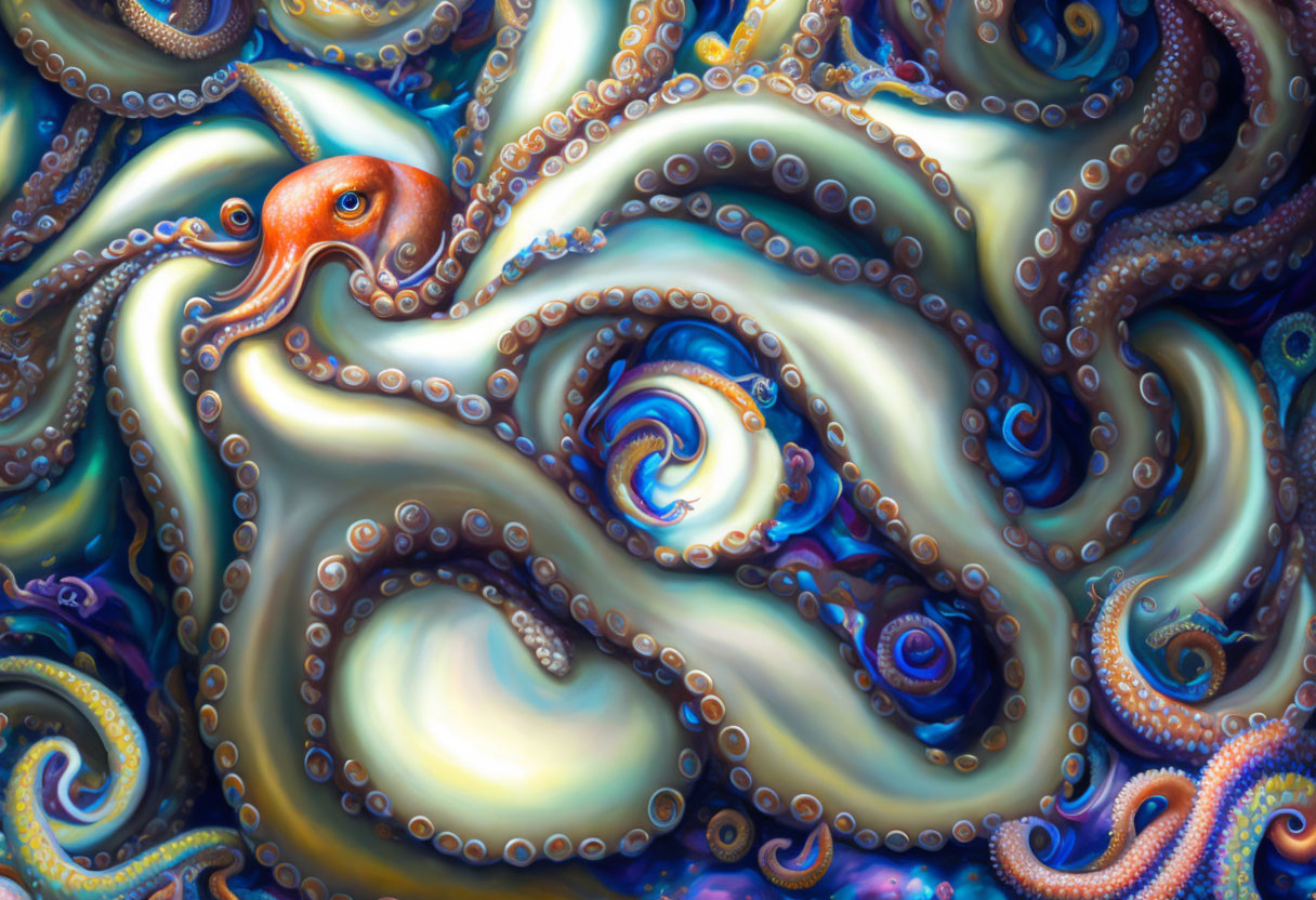 Colorful surreal octopus art in blues and purples on abstract background