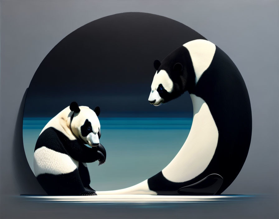 Stylized pandas in yin-yang symbol on blue background