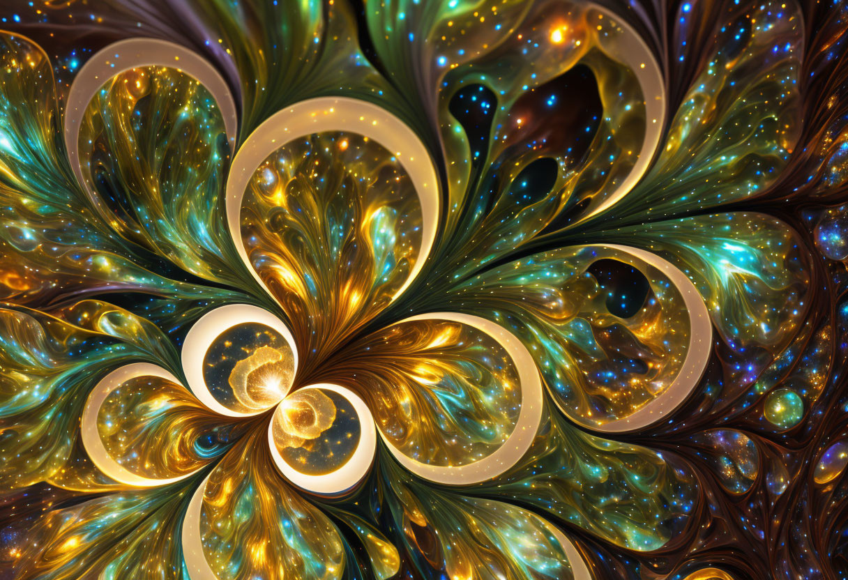 Colorful fractal image with swirling blue, gold, and brown patterns