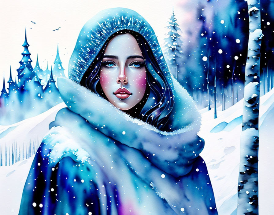 Illustrated woman in blue cloak with snowflakes in winter forest.